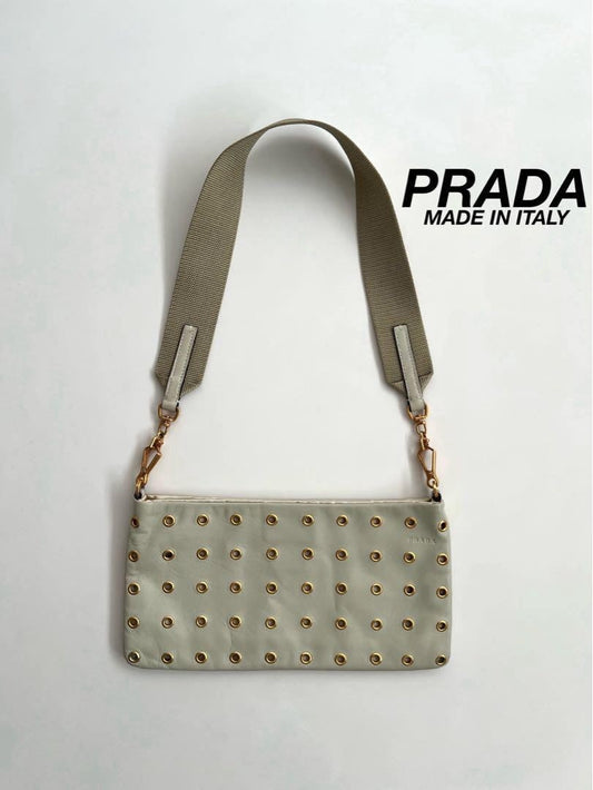 PRADA Shoulder Bag Purse Leather Beige Gold Authentic