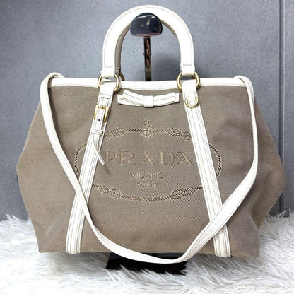 PRADA Hand Shoulder Bag Tote Purse 2way Logo Canvas Leather Beige White Auth