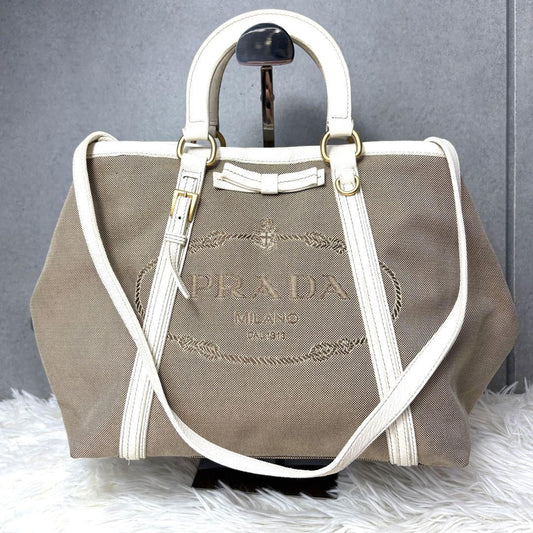 PRADA Hand Shoulder Bag Tote Purse 2way Logo Canvas Leather Beige White Auth