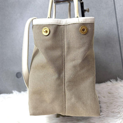 PRADA Hand Shoulder Bag Tote Purse 2way Logo Canvas Leather Beige White Auth