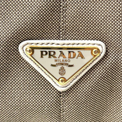 PRADA Hand Shoulder Bag Tote Purse 2way Logo Canvas Leather Beige White Auth