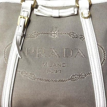 PRADA Hand Shoulder Bag Tote Purse 2way Logo Canvas Leather Beige White Auth