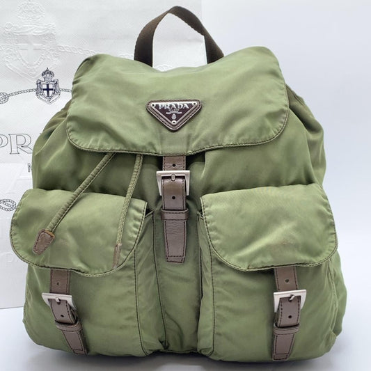 PRADA Backpack Logo Nylon Leather Khaki Brown Authentic
