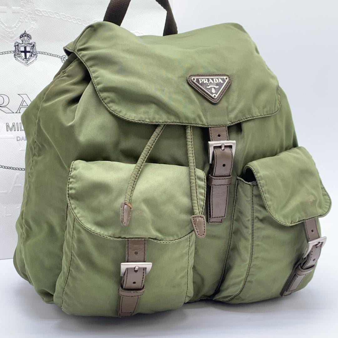 PRADA Backpack Logo Nylon Leather Khaki Brown Authentic