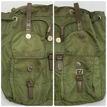 PRADA Backpack Logo Nylon Leather Khaki Brown Authentic