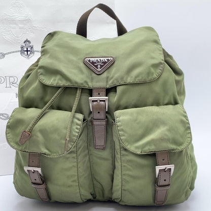 PRADA Backpack Logo Nylon Leather Khaki Brown Authentic