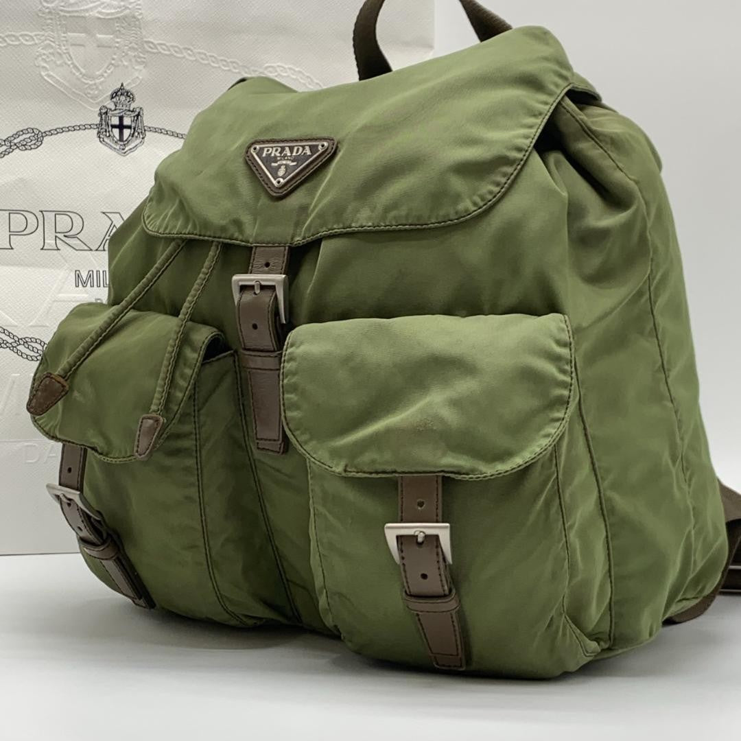 PRADA Backpack Logo Nylon Leather Khaki Brown Authentic