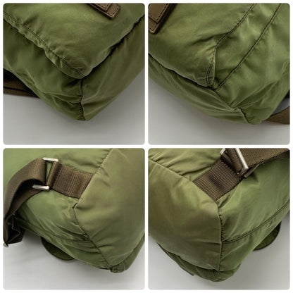 PRADA Backpack Logo Nylon Leather Khaki Brown Authentic