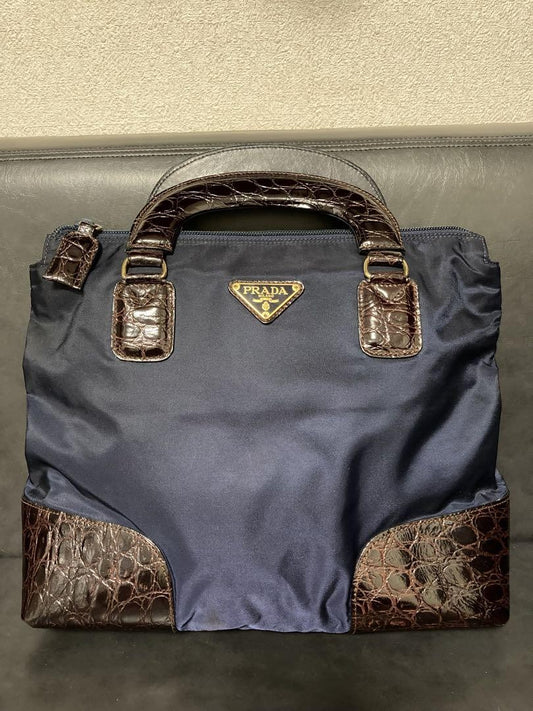 PRADA Hand Bag Tote Purse Logo Nylon Leather Navy Brown Authentic