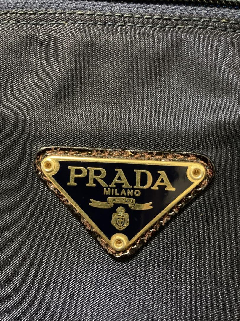 PRADA Hand Bag Tote Purse Logo Nylon Leather Navy Brown Authentic