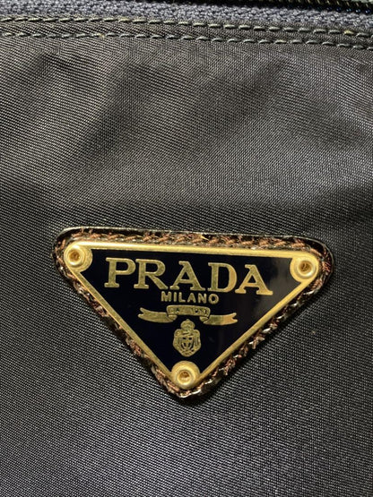 PRADA Hand Bag Tote Purse Logo Nylon Leather Navy Brown Authentic
