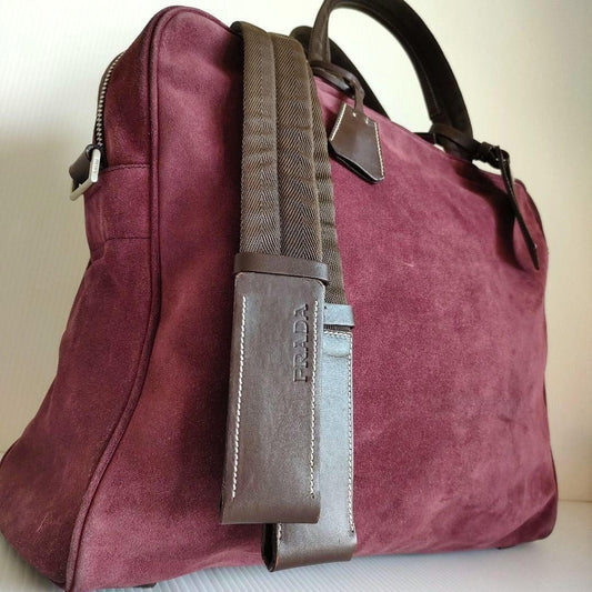 PRADA Hand Shoulder Bag Tote Purse 2way Suede Leather Bordeaux Authentic