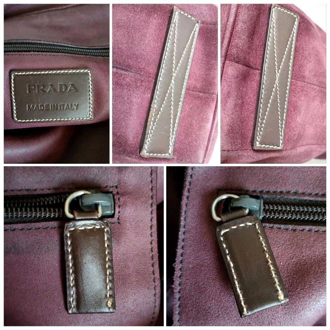 PRADA Hand Shoulder Bag Tote Purse 2way Suede Leather Bordeaux Authentic