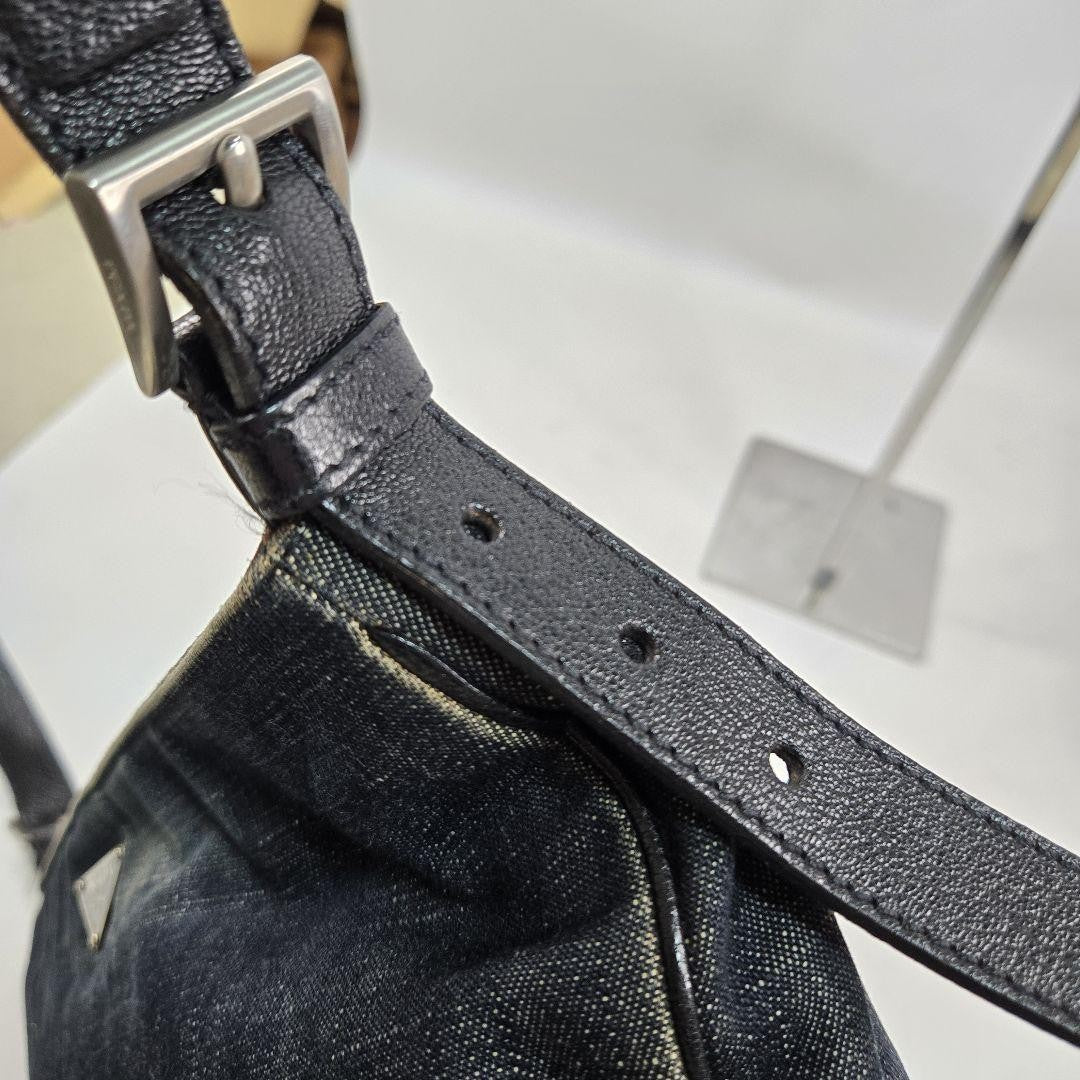 PRADA Shoulder Bag Purse Logo Denim Leather Authentic