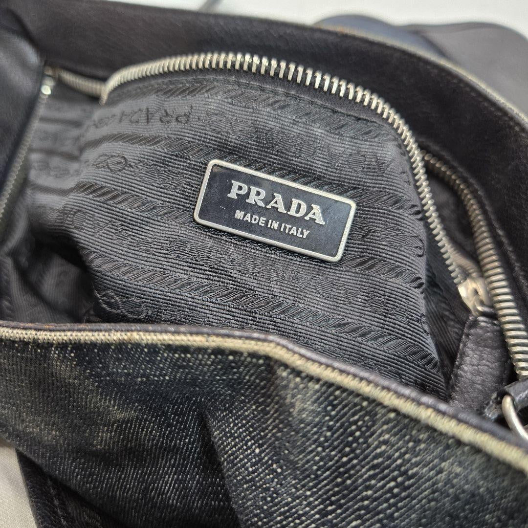 PRADA Shoulder Bag Purse Logo Denim Leather Authentic