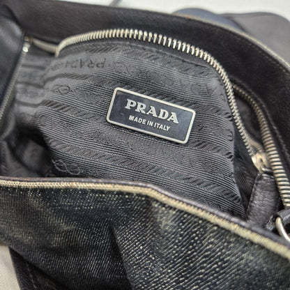 PRADA Shoulder Bag Purse Logo Denim Leather Authentic