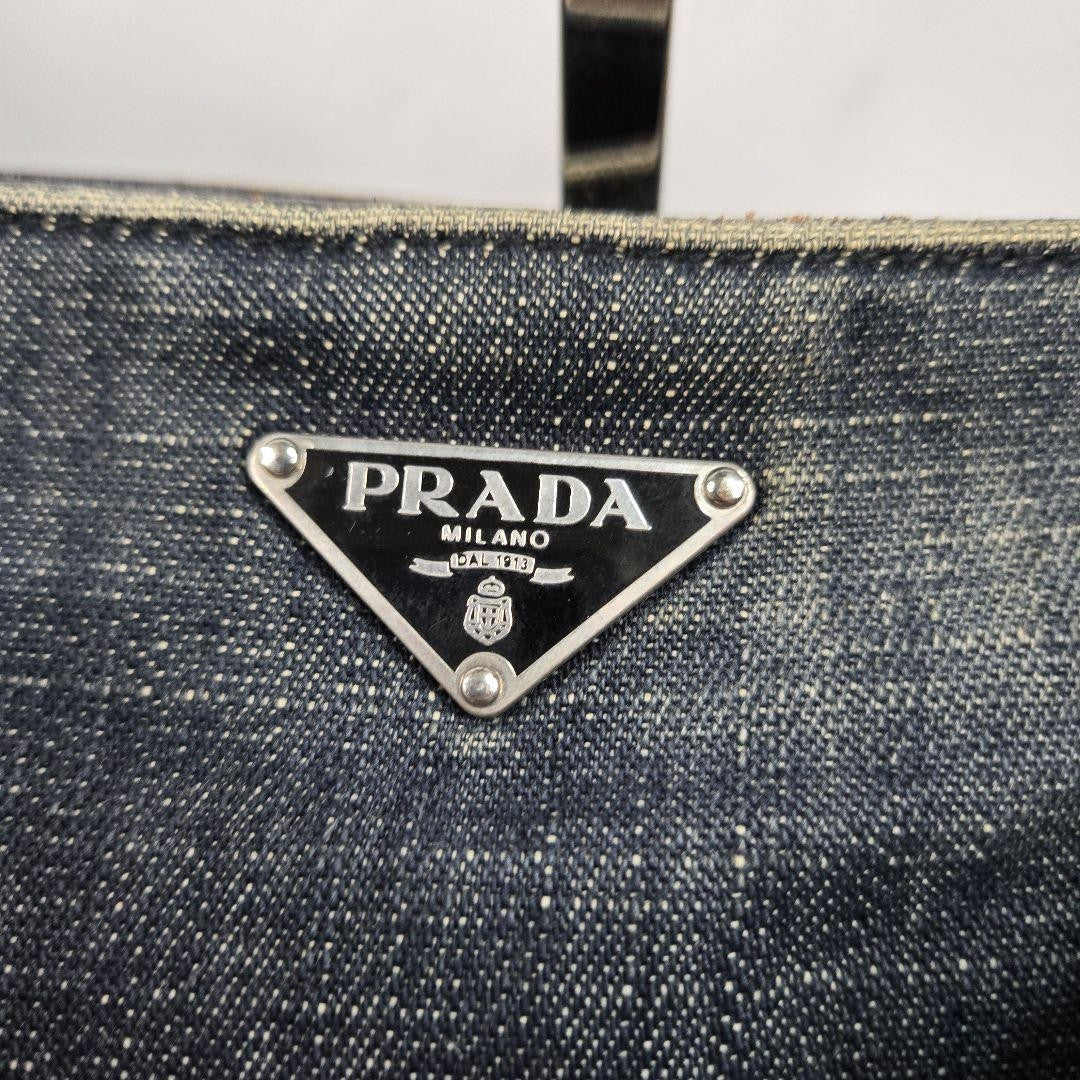 PRADA Shoulder Bag Purse Logo Denim Leather Authentic