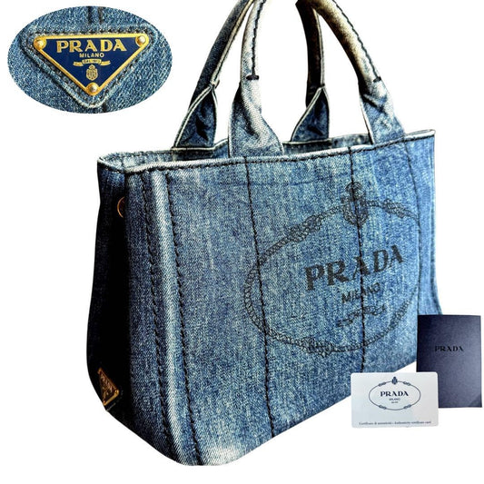 PRADA Hand Bag Tote Purse 2way Logo Canapa Denim Blue Authentic