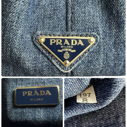 PRADA Hand Bag Tote Purse 2way Logo Canapa Denim Blue Authentic