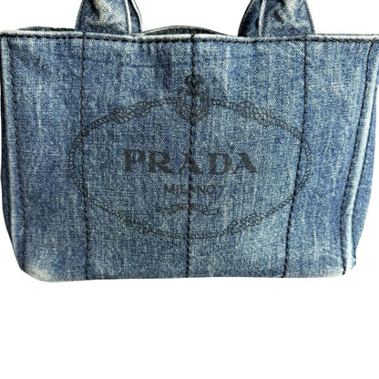 PRADA Hand Bag Tote Purse 2way Logo Canapa Denim Blue Authentic
