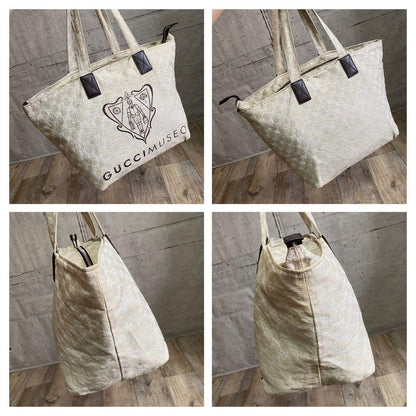 GUCCI Hand Bag Tote Purse GG Canvas Leather Beige Authentic