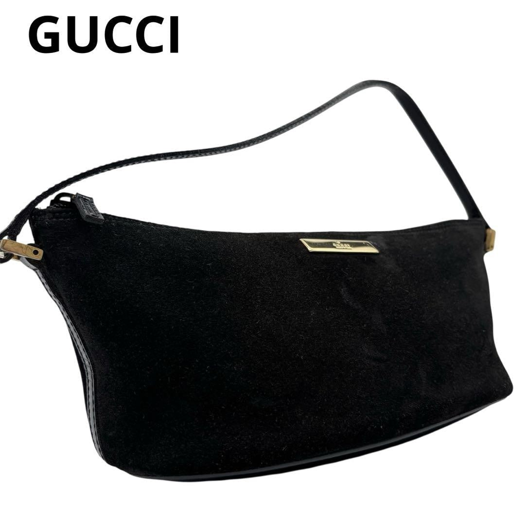 GUCCI Accessory Pouch Hand Bag Tote Purse Suede Black Authentic