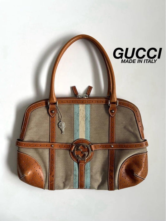 GUCCI Hand Bag Tote Purse Sherry Line Interlocking Beige Brown Authentic