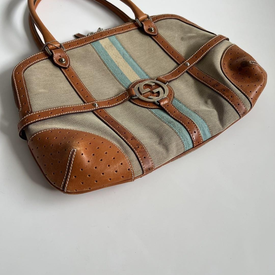 GUCCI Hand Bag Tote Purse Sherry Line Interlocking Beige Brown Authentic