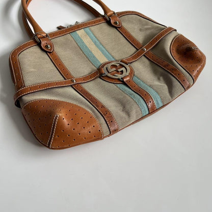 GUCCI Hand Bag Tote Purse Sherry Line Interlocking Beige Brown Authentic