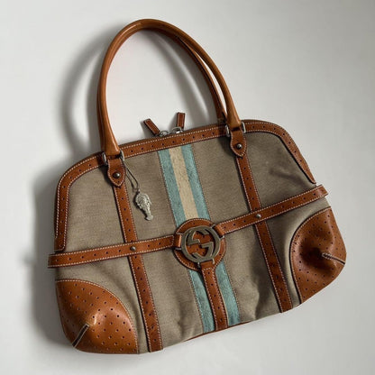 GUCCI Hand Bag Tote Purse Sherry Line Interlocking Beige Brown Authentic