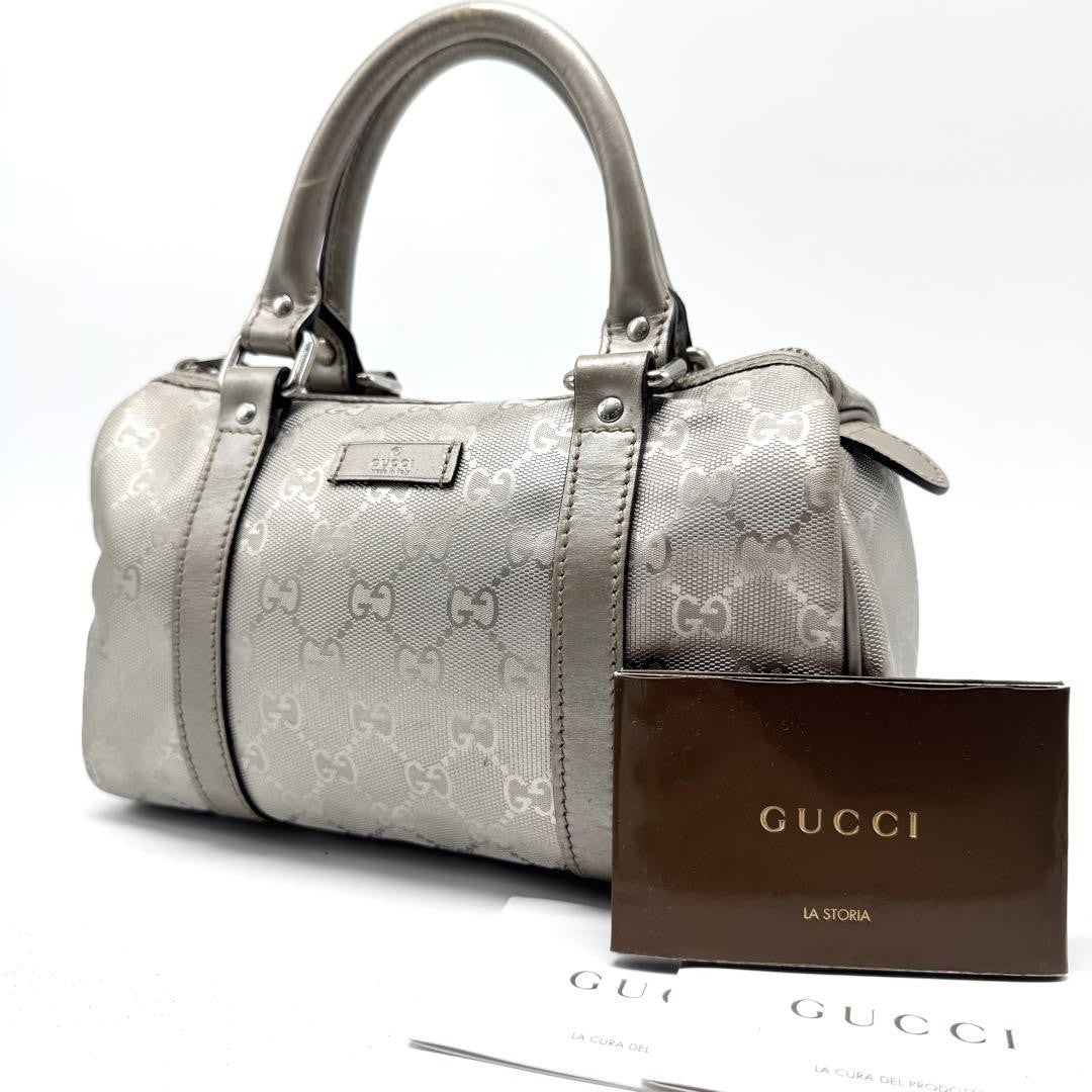 GUCCI Mini Boston Hand Bag Tote Purse GG PVC Leather Silver Authentic