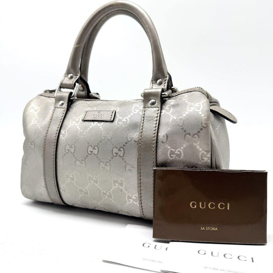 GUCCI Mini Boston Hand Bag Tote Purse GG PVC Leather Silver Authentic