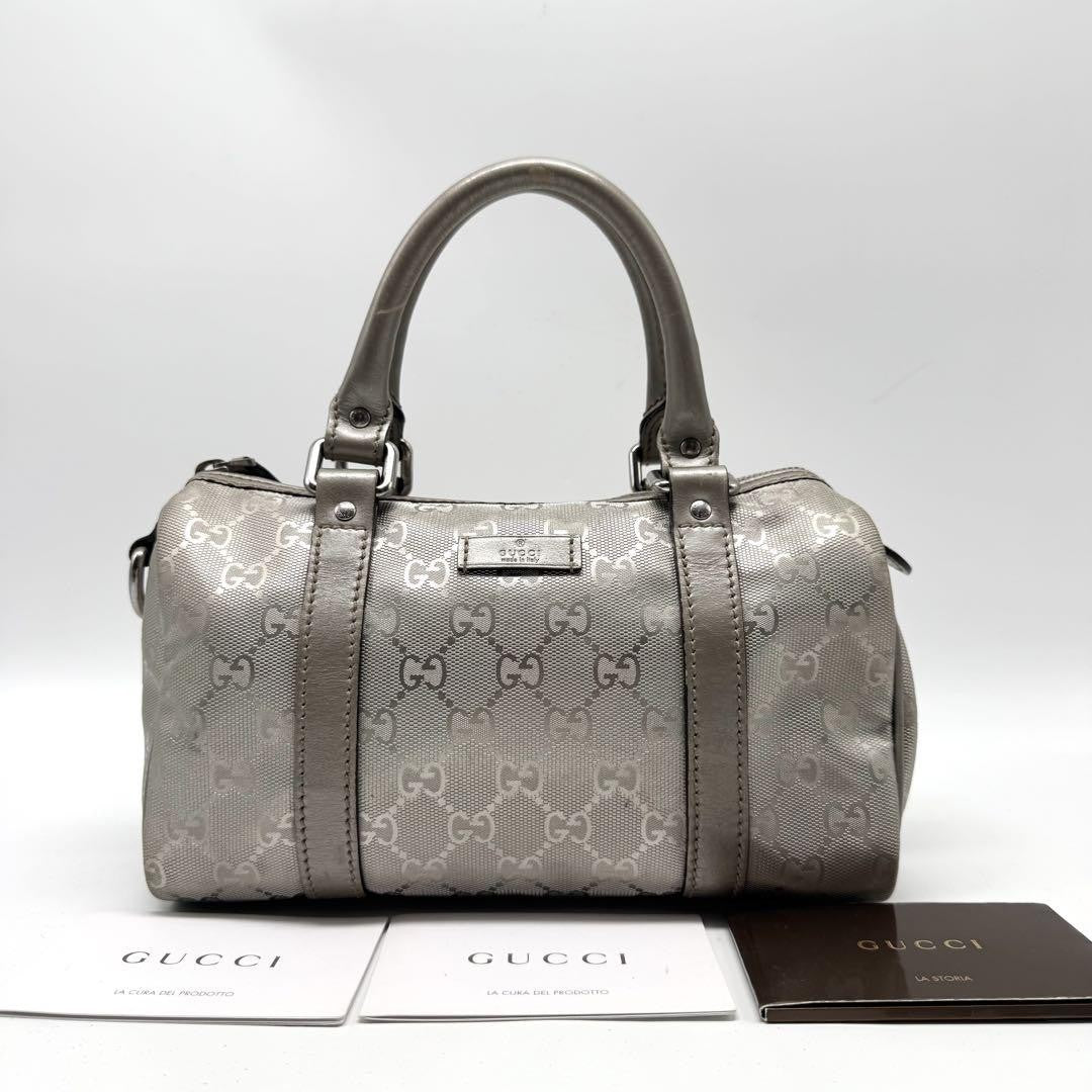 GUCCI Mini Boston Hand Bag Tote Purse GG PVC Leather Silver Authentic