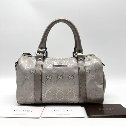 GUCCI Mini Boston Hand Bag Tote Purse GG PVC Leather Silver Authentic