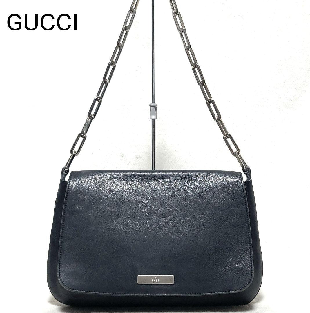GUCCI Hand Bag Tote Purse Chain Leather Black Authentic