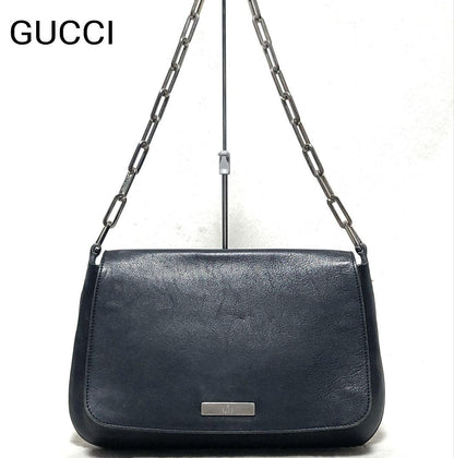 GUCCI Hand Bag Tote Purse Chain Leather Black Authentic