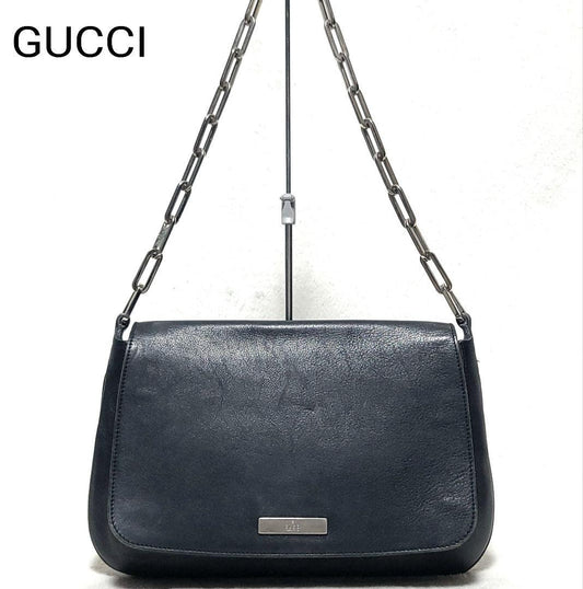 GUCCI Hand Bag Tote Purse Chain Leather Black Authentic