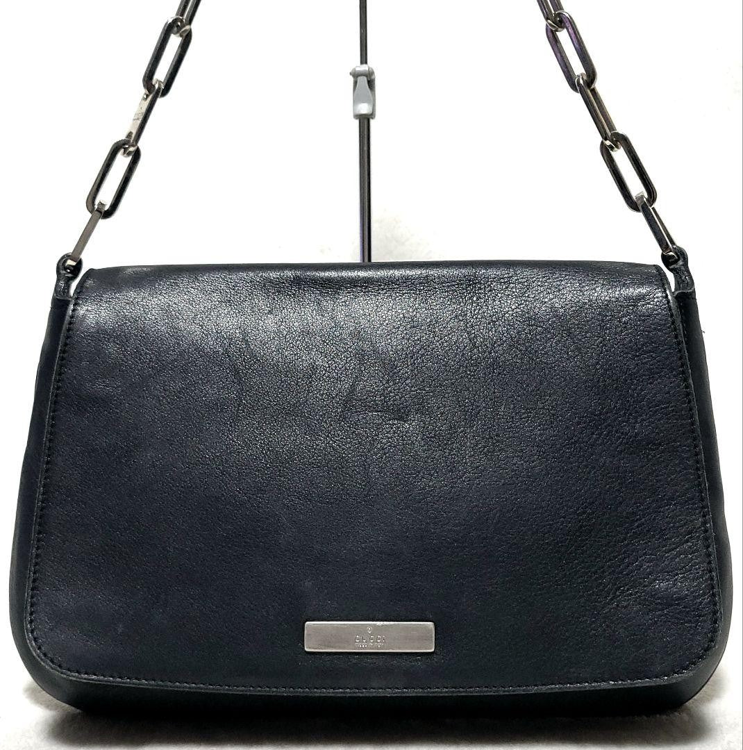 GUCCI Hand Bag Tote Purse Chain Leather Black Authentic