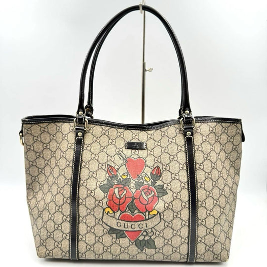 GUCCI Hand Bag Tote Purse GG PVC Leather Beige Brown Red Authentic