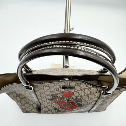 GUCCI Hand Bag Tote Purse GG PVC Leather Beige Brown Red Authentic