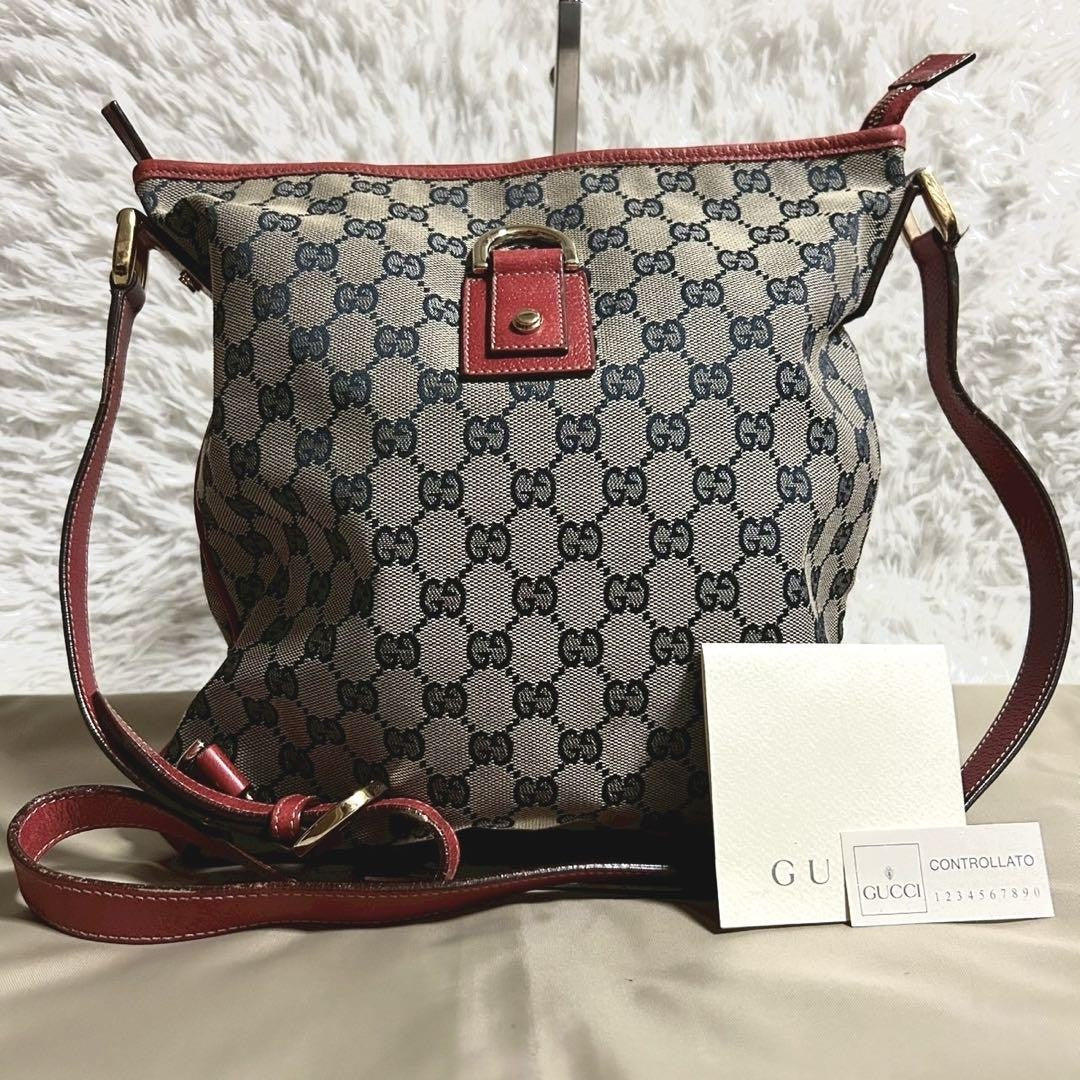 GUCCI Shoulder Bag Purse GG Canvas Beige Navy Red Authentic