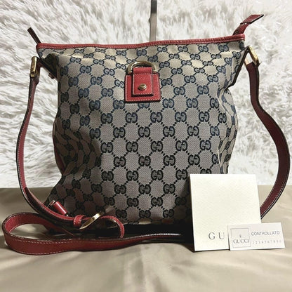 GUCCI Shoulder Bag Purse GG Canvas Beige Navy Red Authentic