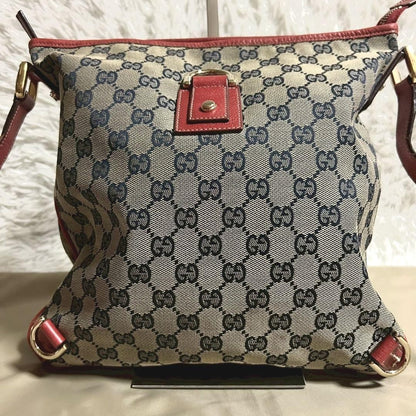 GUCCI Shoulder Bag Purse GG Canvas Beige Navy Red Authentic