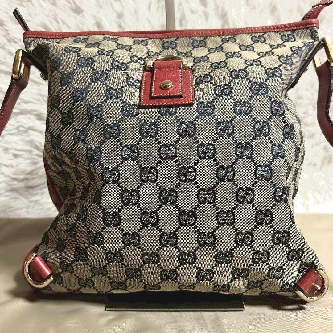 GUCCI Shoulder Bag Purse GG Canvas Beige Navy Red Authentic