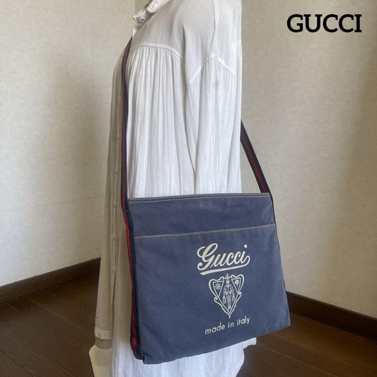 GUCCI Shoulder Bag Purse Canvas Blue Authentic