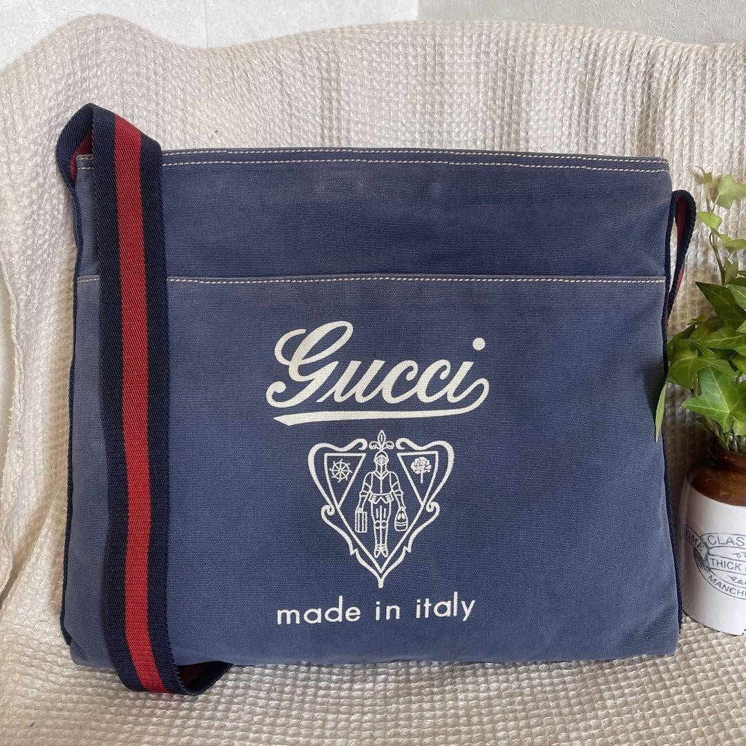 GUCCI Shoulder Bag Purse Canvas Blue Authentic