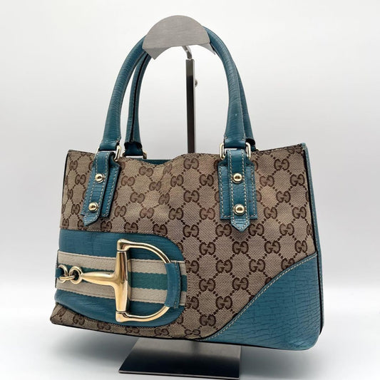 GUCCI Hand Bag Tote Purse GG Canvas Leather Blue Turquoise Authentic