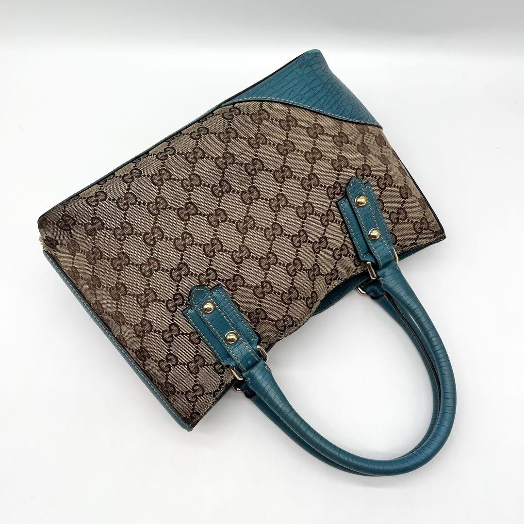 GUCCI Hand Bag Tote Purse GG Canvas Leather Blue Turquoise Authentic