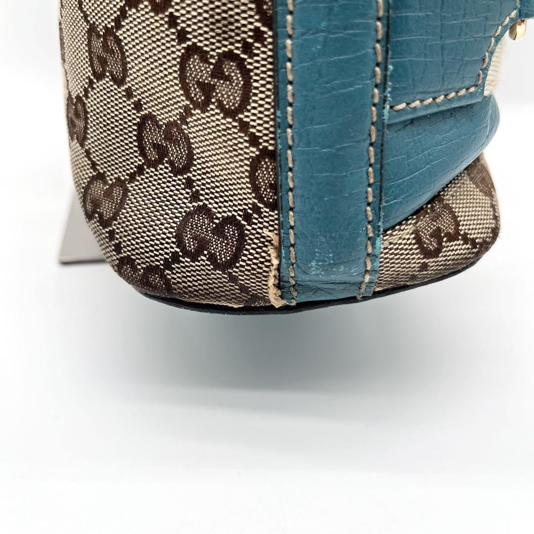GUCCI Hand Bag Tote Purse GG Canvas Leather Blue Turquoise Authentic