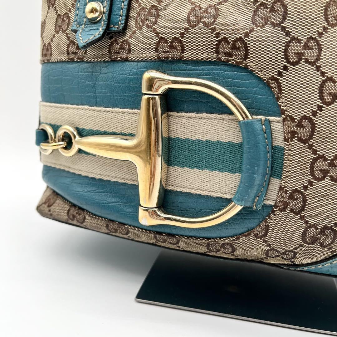 GUCCI Hand Bag Tote Purse GG Canvas Leather Blue Turquoise Authentic